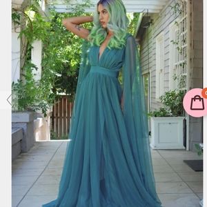 XL GOTHIC GLAMOUR BOMBSHELL PLUNGE MAXI GOWN IN PEACOCK WITH SHEER MESH SLEEVES